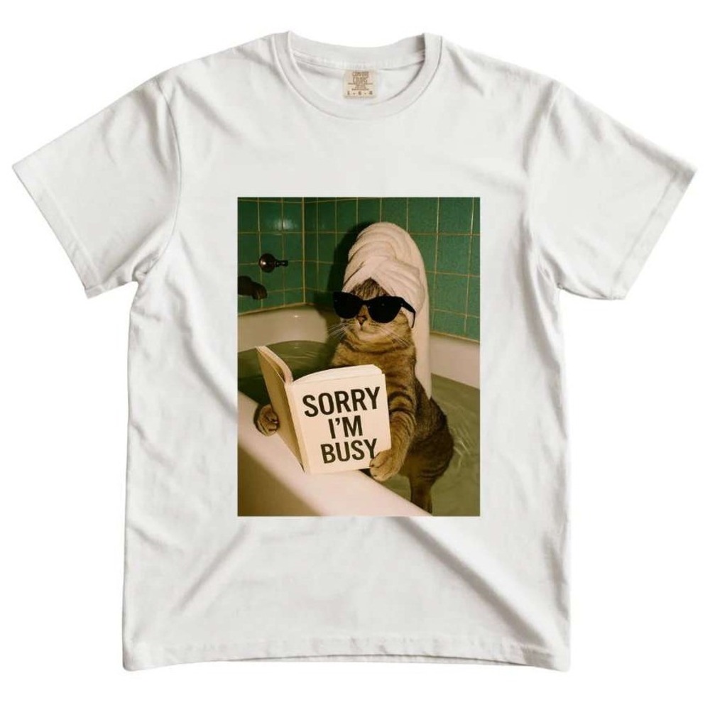 Sorry I'm Busy Cat Bathtub Graphic T-Shirt White Comfort Colors